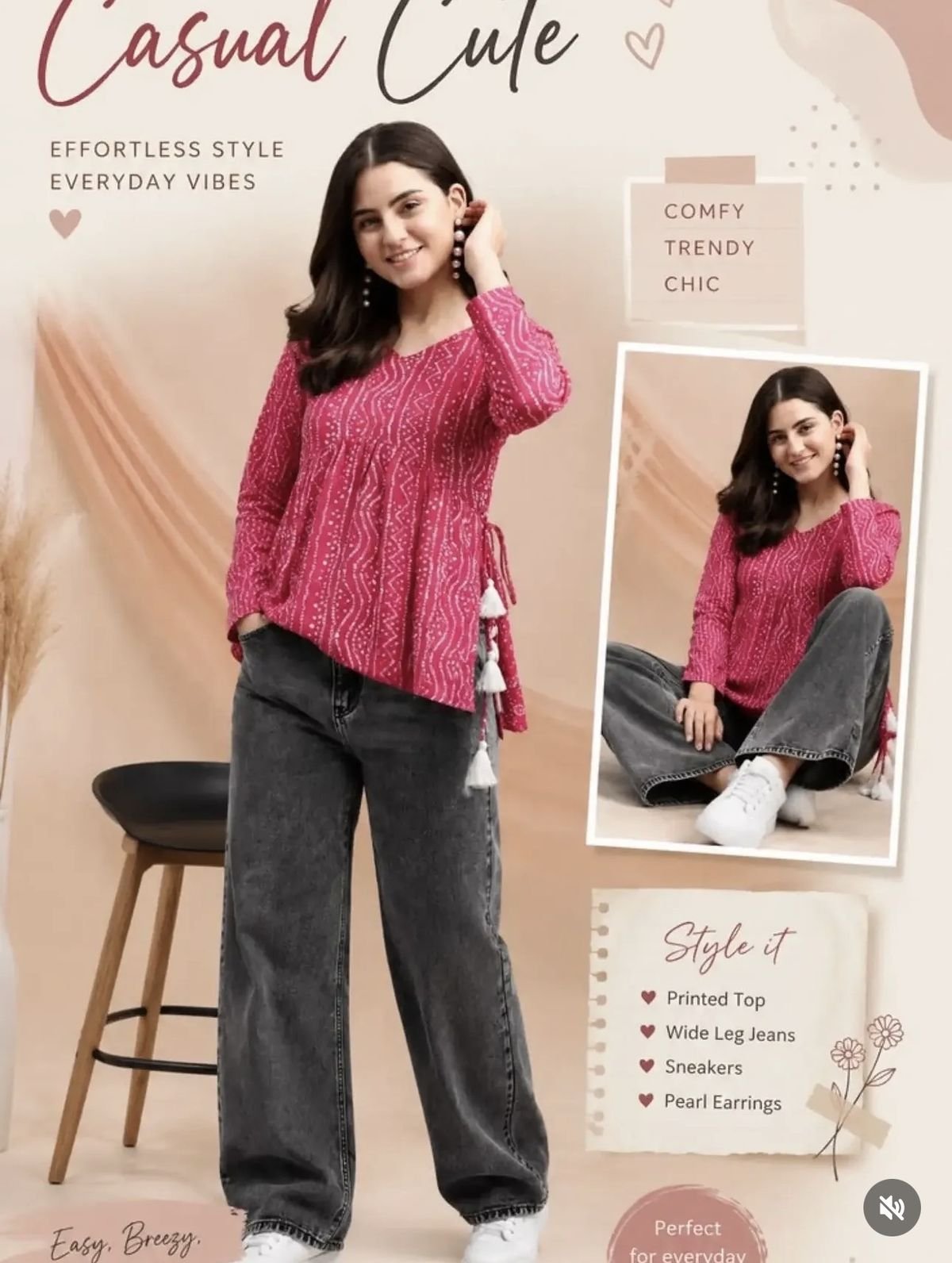 Pink Printed Top and Washed Denim Set