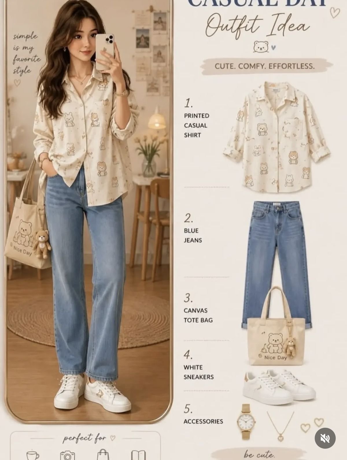 Cute Bear Print Shirt and Denim Set