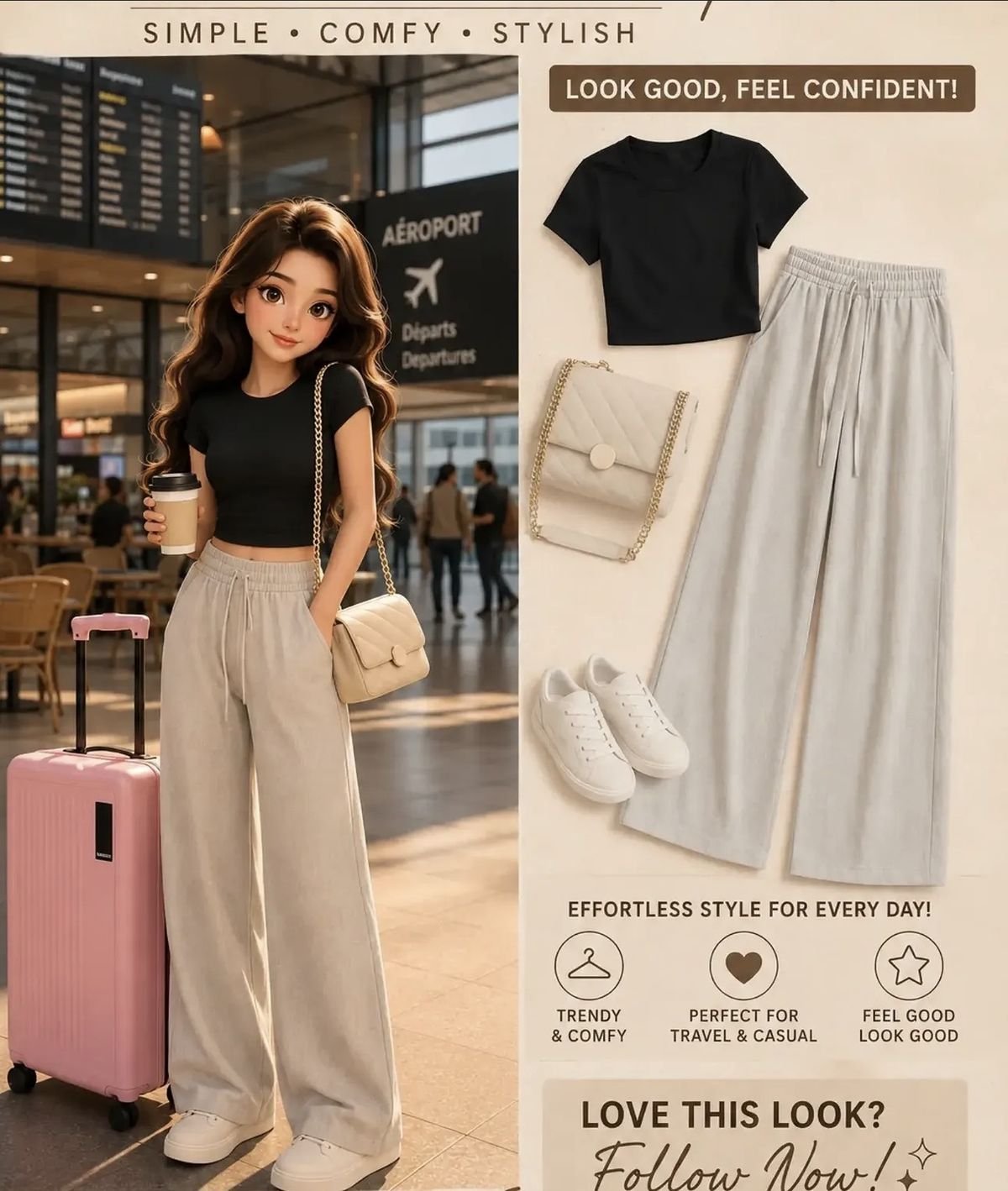 Black Crop Tee and Grey Travel Pants Set