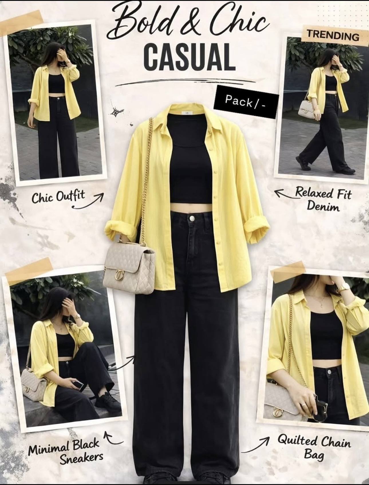 Citrine Shirt and Black Wide Pants Set