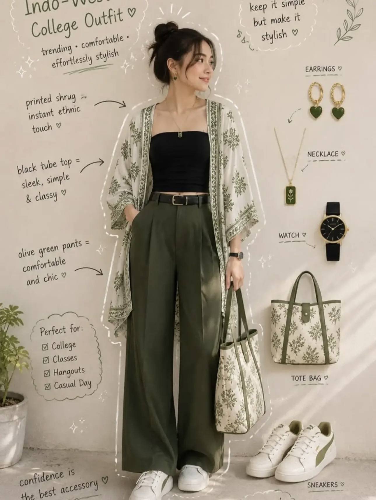 Printed Kimono and Olive Trouser Set